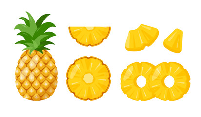 Set of fresh Pineapples fruit icons. Whole and half pineapple and pieces. Organic fruits for juice, smoothie or vitamin healthy food. Vector icons illustration isolated on white background.
