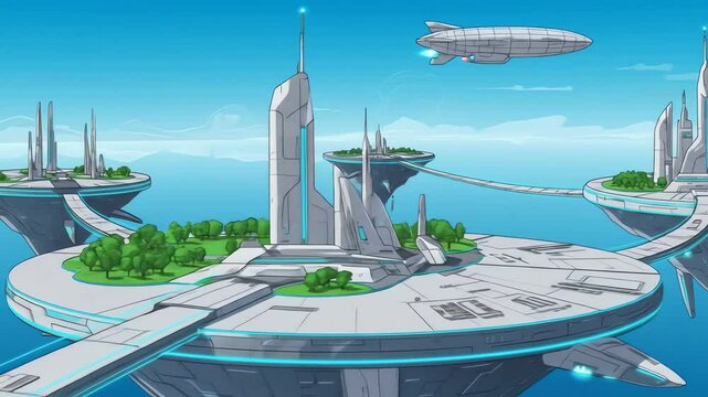 Futuristic cityscape with floating platforms towers connecting bridges lush trees and a blimp in a blue sky