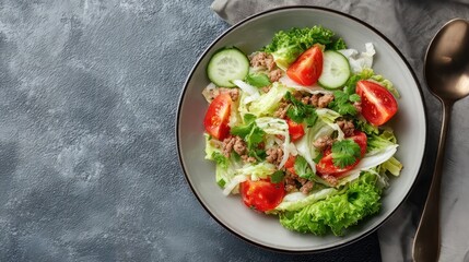 Flat lay of Chinese cabbage salad with cucumber, tomatoes, and meat on grey surface