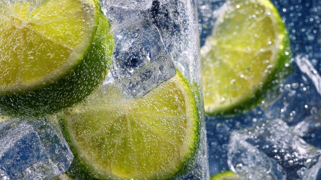 Fizzy soda water with lime wedges and ice cubes, close-up detail