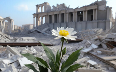 flowers against the backdrop of destroyed buildings, war