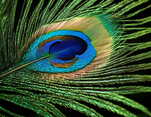 Obraz premium Abstract peacock feather, macro close up. Vivid exotic bird feather texture background. close-up of peacock feather background