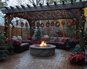 Cozy outdoor patio under a pergola, decorated for the holidays with string lights and wreaths.  A fire pit provides warmth