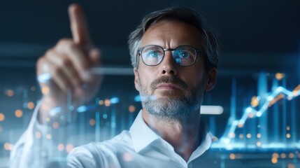 A focused businessman wearing glasses interacts with a transparent digital interface displaying futuristic data and graphs in a modern office setting.