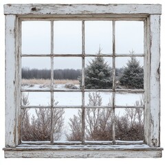 Winter scene through a weathered window