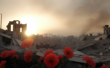 flowers against the backdrop of destroyed buildings, war