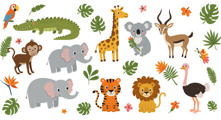 This charming vector illustration features a cute set of cartoon wild animals including a dog, cat, cow, lion, baby elephant, horse, giraffe, and rabbit, perfect for a funny jungle safari collection