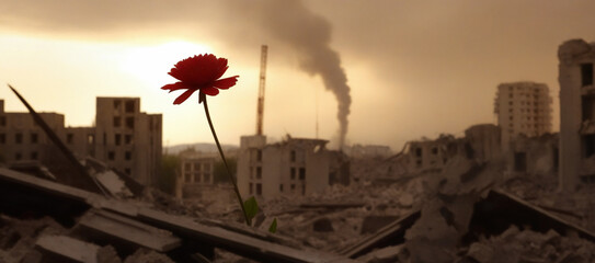 flowers against the backdrop of destroyed buildings, war