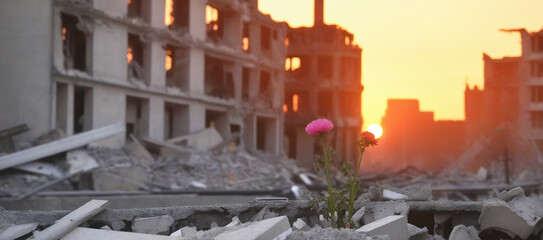 flowers against the backdrop of destroyed buildings, war