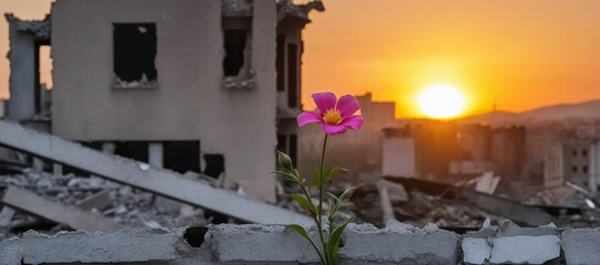 flowers against the backdrop of destroyed buildings, war
