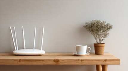 Indoor tabletop with a modern internet router, space left for content