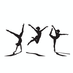 Three athletic gymnasts performing graceful poses on parallel bars in a dynamic showcasing flexibility strength and artistic expression in a striking silhouette