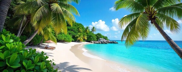 Serene Tropical Island Paradise White Sand Beach, Turquoise Ocean, Relaxing Getaway