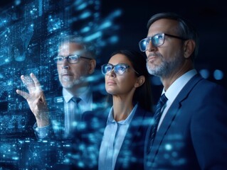 Three professionals in business attire analyze futuristic digital data on a transparent interface, symbolizing innovation and technology in a high-tech environment.