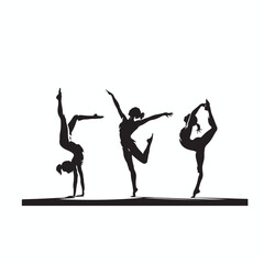 Three athletic gymnasts performing graceful poses on parallel bars in a dynamic showcasing flexibility strength and artistic expression in a striking silhouette