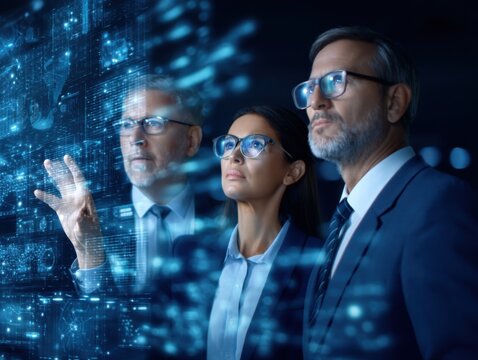 Three professionals in business attire analyze futuristic digital data on a transparent interface, symbolizing innovation and technology in a high-tech environment.