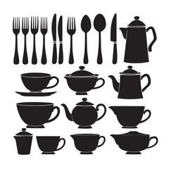 Collection of black silhouette cutlery teacups and teapots on a white background