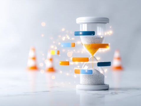 A futuristic hourglass with glowing particles and floating colored bars symbolizes the flow of time and data in a modern, digital concept.