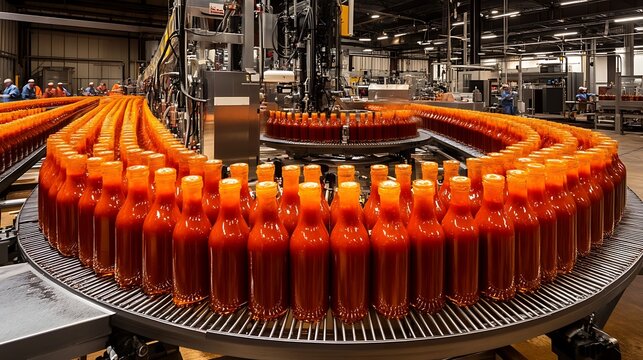 Bottles Of Hot Sauce On Conveyor Belt In A Food Processing Factory and Manufacturing Plant With Equipment And Machinery For Food Production And Packaging Process.