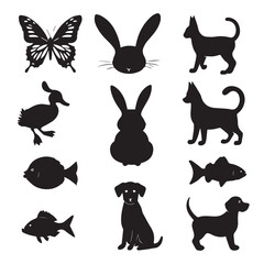 Obraz premium Collection of black silhouettes of animals including butterfly rabbit duck and fish