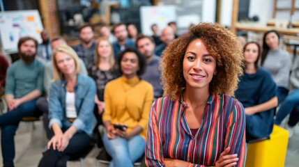 Fototapeta premium Woman standing confidently in front of smiling team after seminar