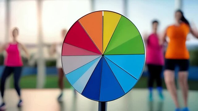 A clear circle chart with segments representing different data points. The background is a very blurred image of people exercising, creating a soft, out-of-focus atmosphere. 