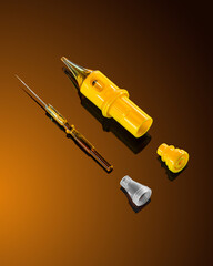 Various medical syringe components are displayed on a glossy background. Each piece, including the...