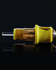 This close-up highlights a yellow and clear injection device resting on a reflective surface,...