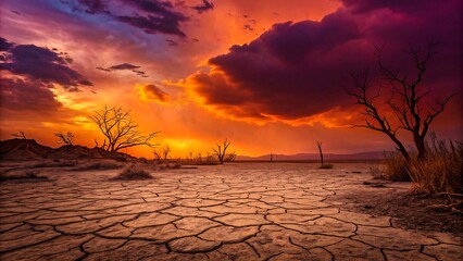 Cracked desert landscape with dramatic sunset and silhouetted dead trees