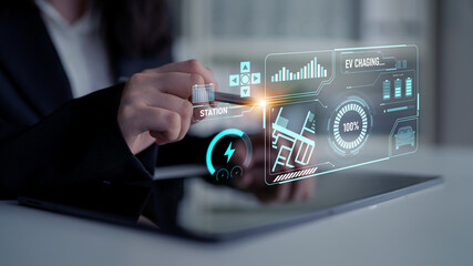 Charging interface for electric vehicles showing real-time battery level, charging status, power...