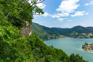 The Drina River on the border of Serbia and Bosnia. Bright summer landscape.