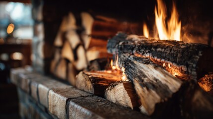 Warm flames and stacked dry wood in cozy background setting