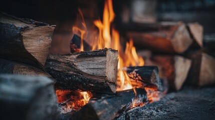 Warm flames and stacked dry wood in cozy background setting