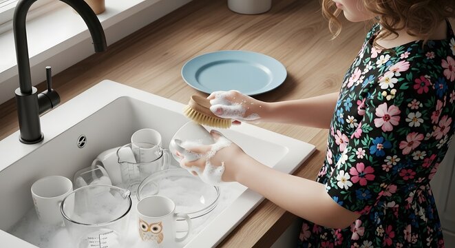 Girl Washing Dishes in Modern Kitchen Sink, Cleanliness and Chores
