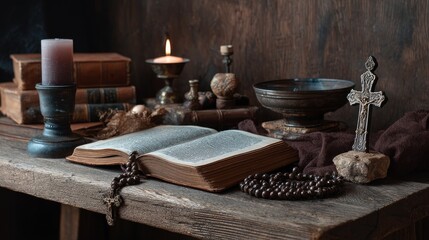 Wooden table with a Bible, rosary, cross, and candle, space for text