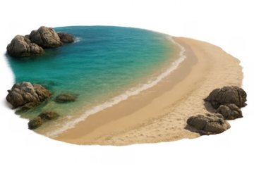 Transparent isolated beach scene with soft sand, turquoise waters, rocky shoreline, perfect for travel graphic design backgrounds
