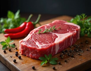 Fototapeta premium Raw rib eye beef steak seasoned with pepper and herbs on wooden board. Butcher shop theme. Entrecote meat cut, fresh prime cut. Delicious food ready to cook.