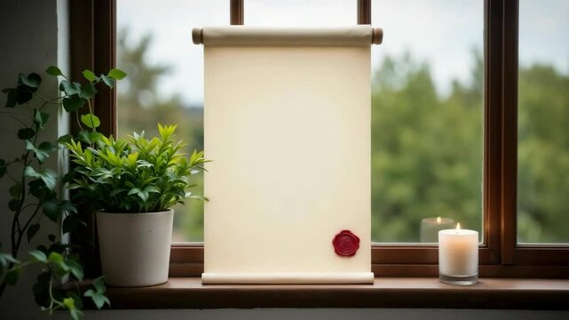 Blank parchment scroll with red wax seal on window sill. Great for certificates, historical themes, wedding invitations, or vintage product branding.