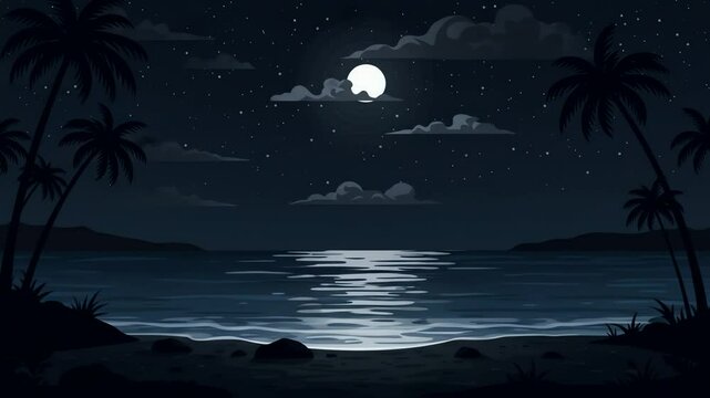 Night beach scene moon stars palm trees and water create a serene landscape
