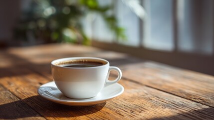 Fototapeta premium White coffee cup on cozy wooden table
