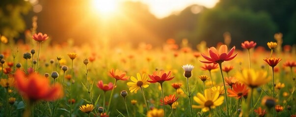 Golden Hour Wildflowers Vibrant Summer Field in Full Bloom, Peaceful Idyllic Countryside Scene, Perfect for Backgrounds and Calendars