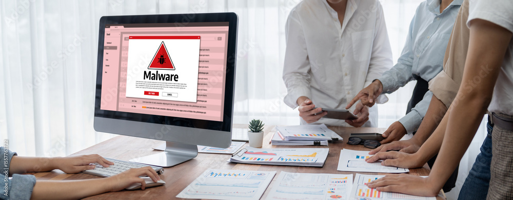 Aufkleber Cyber attacking concept. Malware alert showing on computer screen display scam and threat detection on computer system or online server to be removed brisk.