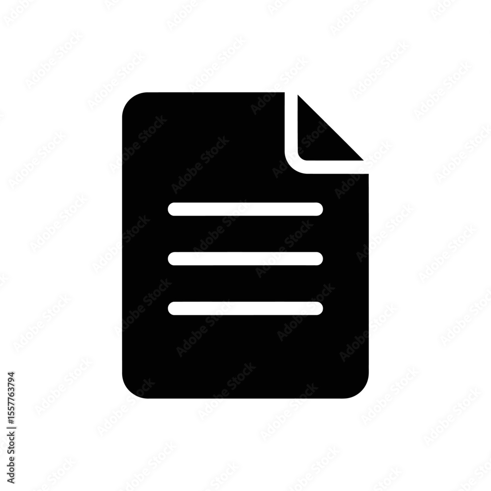 Fototapete a simple black document icon with a folded corner and three lines representing text on a white backg