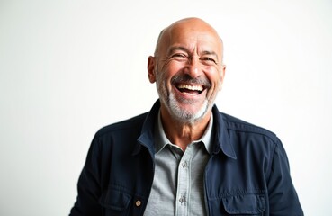 Happy senior man laughing with a genuine smile looking at the camera on white backdrop. Positive emotions, joy, happiness, retirement, healthy lifestyle, active senior life, well-being.