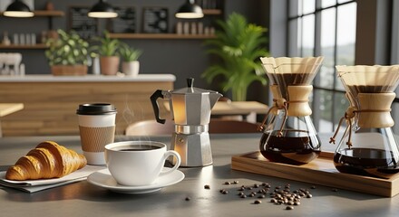 Freshly brewed coffee, moka pot, takeaway cup, croissant, and Chemex setup in a warm and stylish coffee shop interior.