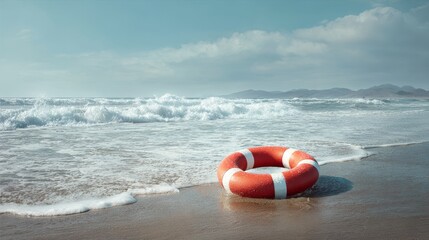 Obraz premium Orange lifebuoy resting on sunny beach sand