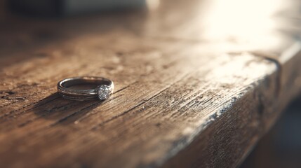 Wedding ring on rustic wooden table