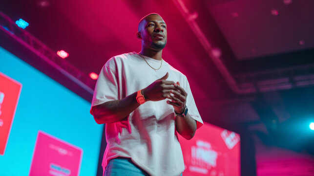 Young male speaker presenting on vibrant stage at tech event
