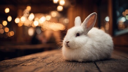 Obraz premium Adorable white rabbit on wooden table surface. Cute cozy background