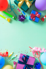 Birthday party background with gift boxes and balloons on a mint green surface with copy space